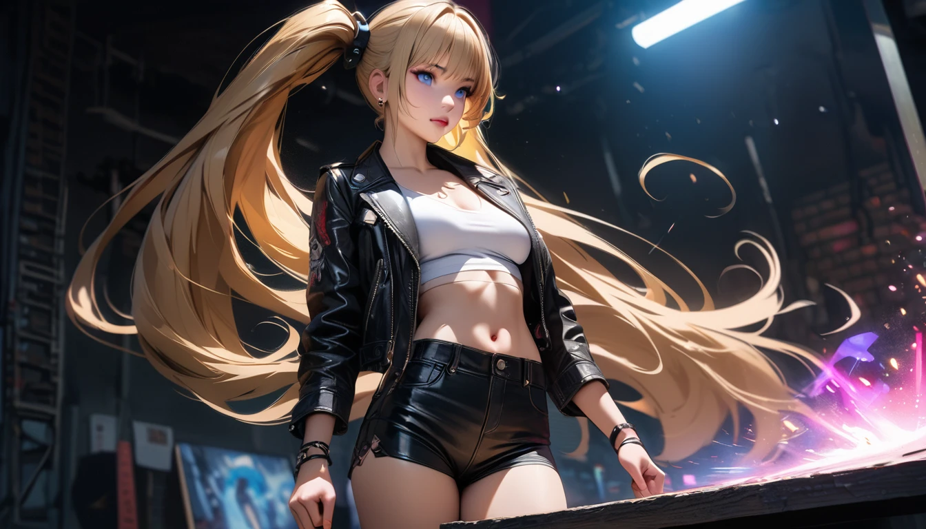 masterpiece, Best quality, 1 girl,photo, Studio photography, realistic:1.2, Rocker girl in a leather jacket,a slim body、Normal breast size、 highly realistic photograph,  full body shot, １two electric guitars, aboutдежда с шипами,white top、navel、Low Rise Leather Shorts,tattoo,Piercing Dark lipstick, Blue eyes,blonde hair with two ponytails,black ribbon, Beautiful and perfect legs, confident expression, punk style ,dynamic pose, dynamic lighting, Colorful scene,Colorful scene lights,、Wide buttocks、Эффект Тиндаллаmasuter piece、top quality、Highest standards、Highest image quality、table、complex parts、A high resolution、depth of field、natural soft light、professional lighting、about, standing, very long hair, cowboy shot, brilliant, brilliant hair, (night:1.2),Dreamy, [[gentle fingers and hands:0.55]::0.85],(detailed fingers),),(emotional),(breathtaking),(main part:1.2) whole body.), (Anime Style), (Super Detailed), (brutal), (uhd, HDR), (8K), (High Resolution: 1.2), (Complex and Beautiful: 1.2)