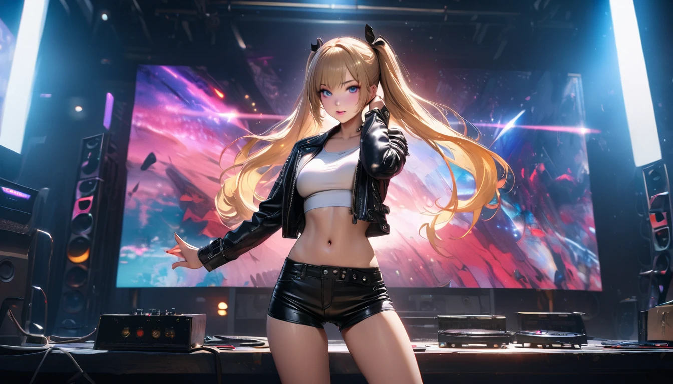 masterpiece, Best quality, 1 girl,photo, Studio photography, realistic:1.2, Rocker girl in a leather jacket,a slim body、Normal breast size、 highly realistic photograph,  full body shot, １two electric guitars, aboutдежда с шипами,white top、navel、Low Rise Leather Shorts,tattoo,Piercing Dark lipstick, Blue eyes,blonde hair with two ponytails,black ribbon, Beautiful and perfect legs, confident expression, punk style ,dynamic pose, dynamic lighting, Colorful scene,Colorful scene lights,、Wide buttocks、Эффект Тиндаллаmasuter piece、top quality、Highest standards、Highest image quality、table、complex parts、A high resolution、depth of field、natural soft light、professional lighting、about, standing, very long hair, cowboy shot, brilliant, brilliant hair, (night:1.2),Dreamy, [[gentle fingers and hands:0.55]::0.85],(detailed fingers),),(emotional),(breathtaking),(main part:1.2) whole body.), (Anime Style), (Super Detailed), (brutal), (uhd, HDR), (8K), (High Resolution: 1.2), (Complex and Beautiful: 1.2)
