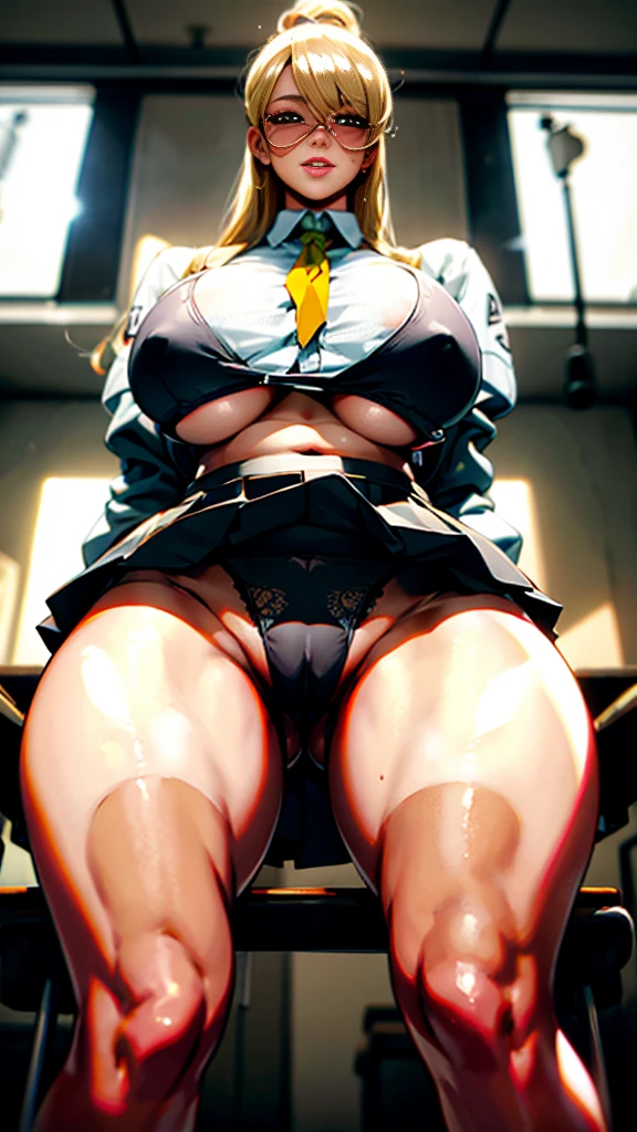 1 Girl,high school girl,RAW Photos,High-cut underwear,Low Angle(Angle where you can see inside the skirt:1.3,pubic hair),smile,wink,cameltoe,from below:1.3,pointybreasts,Highest quality, Ultra-high resolution:1.3, loose socks,Brown Skin(very fine and beautiful skin),blonde, Black gal, Highest quality:1.3,(masterpiece), (Very detailed8K:1.1),Very detailed,Cinema Lighting, Detailed light, Best Shadow, Dynamic Angle,Flashy Panties,Elaborate panties(High leg pants:1.1),Super big breasts:1.6, Plump thighs, mini skirt(Pleated skirt),Indentation:1.1,,In the classroom
