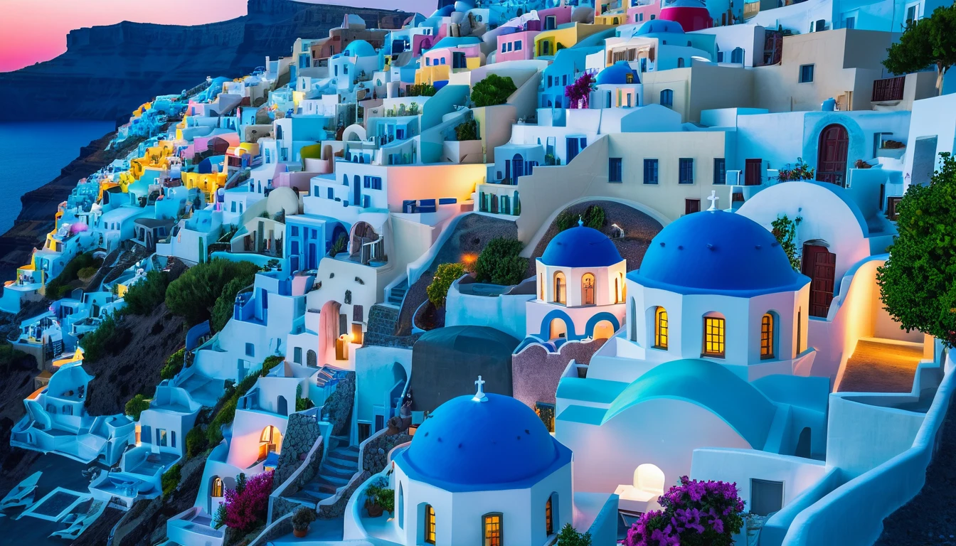 front aerial view Santorini Greece, multi color house blue cyan pink green yellow red, soft lighting, Mediterranean landscape, Greek fantasy panorama, Greek architecture, Greek fantasy, incredibly beautiful, Greek style, Mediterranean city, breathtaking image, masterpiece artwork, 8k, 16k, best quality, high detail, high quality, super detail, high resolution