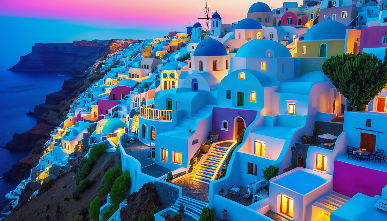 front aerial view Santorini Greece, multi color house blue cyan pink green yellow red, soft lighting, Mediterranean landscape, Greek fantasy panorama, Greek architecture, Greek fantasy, incredibly beautiful, Greek style, Mediterranean city, breathtaking image, masterpiece artwork, 8k, 16k, best quality, high detail, high quality, super detail, high resolution