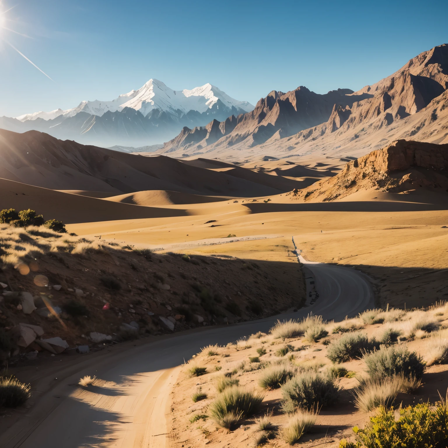 TheDesert, no humans, sun, day, sunlight, lens flare, mountain, grass,

