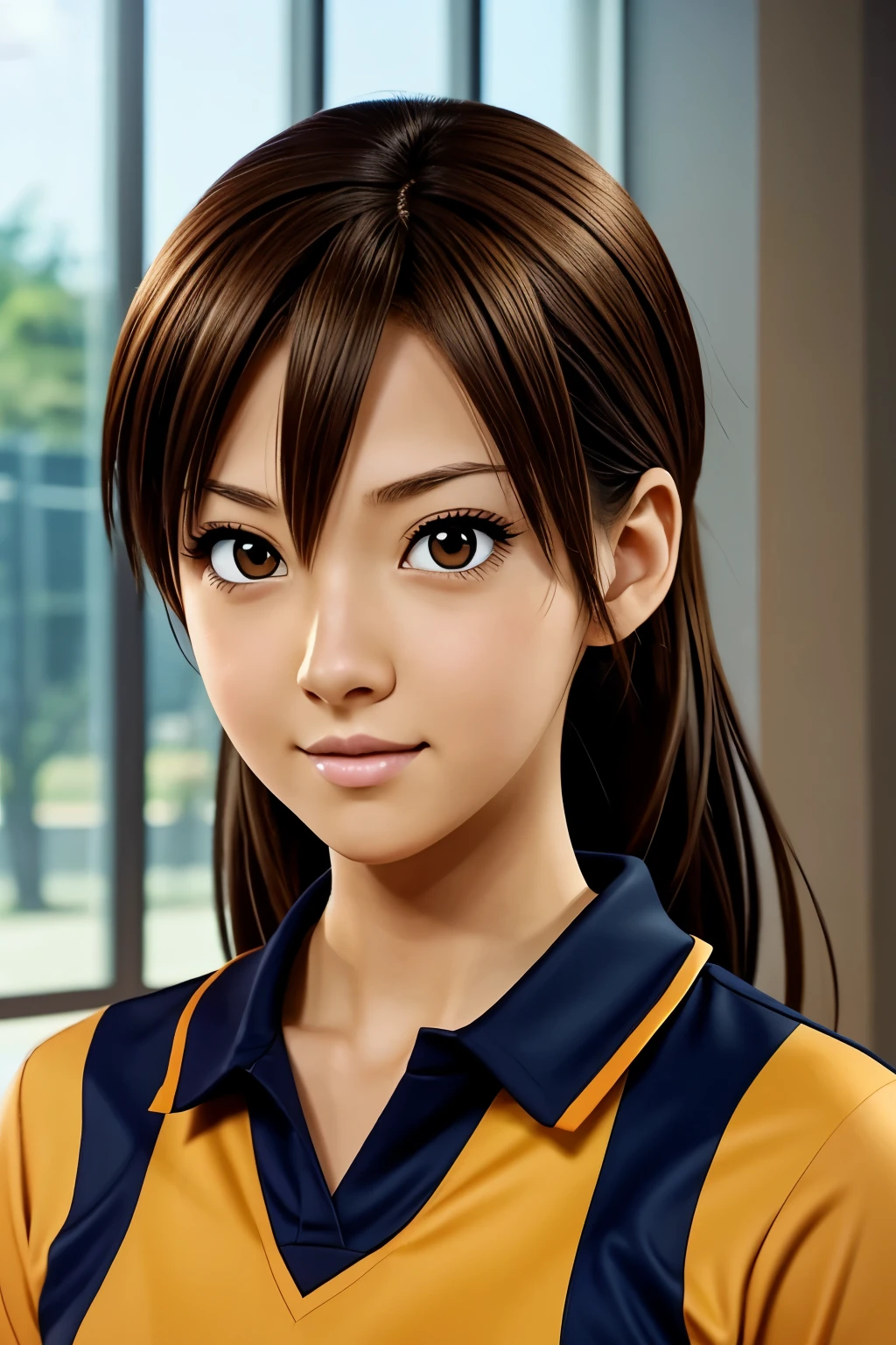Haikyu anime girl wearing a karasuno team uniform with brown hair brown eyes in anime