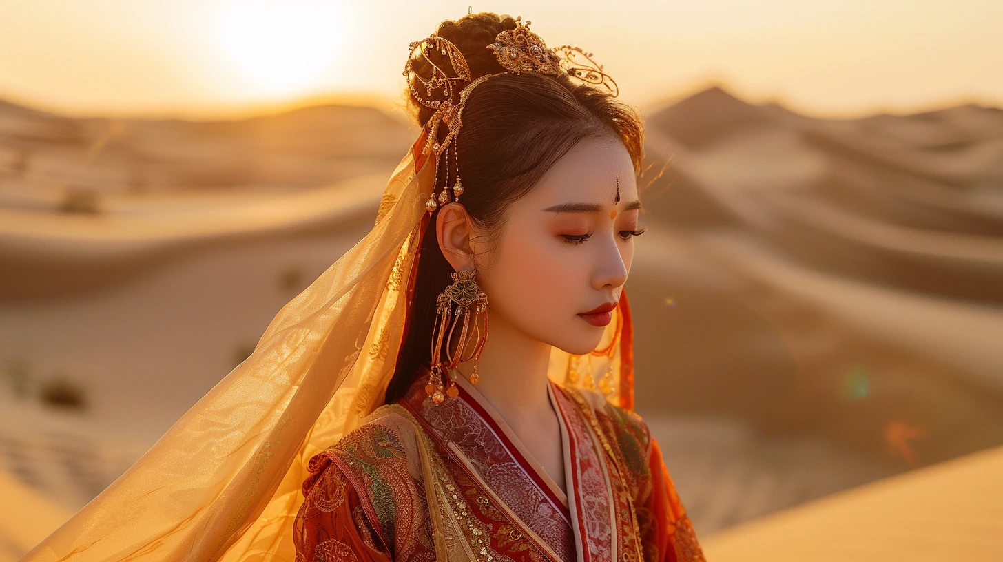 沙漠公主，在金色阳光下显得格外美丽