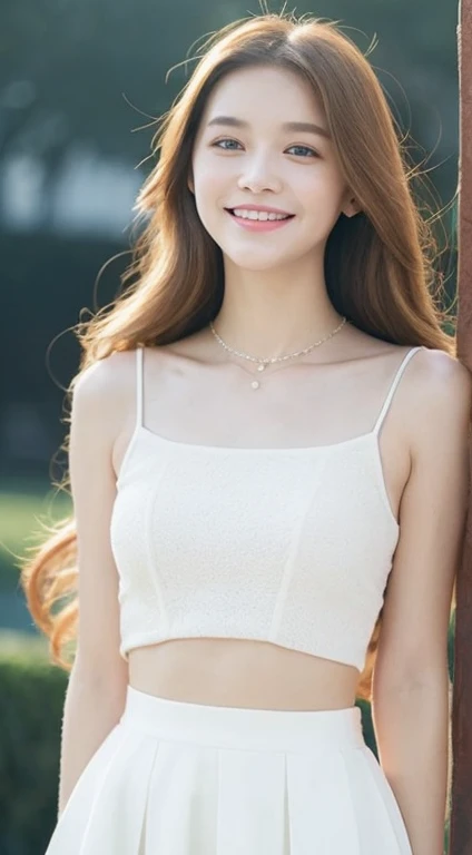 beautiful girlน่ารักสุดยอดจริงๆ, Long, curly, golden hair, The face is very beautiful., beautiful girlที่ไม่มีใครเทียบได้, The collarbone covers the shoulder., white crop top, black jk skirt, Bare legs, sweet smile, soft, Dreamy quality, Light white and dark brown, Exaggerated facial features, solid color, Frank of White, Surreal, blue gemstone necklace, extra clear, beautiful girl, cute and lively, super short leggings, modern slot machine background