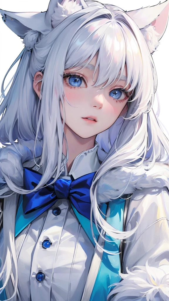 (Top resolution、Distinct_image)top-quality、A girl have white fluffy dog ears、​masterpiece、highly detailed、Semi-realistic、blue eyes  、18year old、young、cool clothing、Exquisite facial features、Facial features ,variation potrait, a white background,  white hair , long  hairstyles, students uniform, teenage, cute, Fluffy fur, 