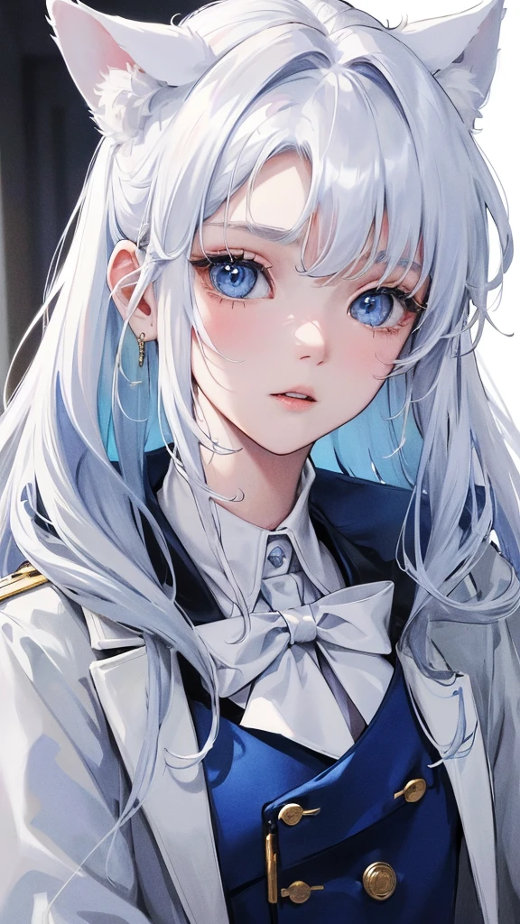(Top resolution、Distinct_image)top-quality、A girl have white fluffy dog ears、​masterpiece、highly detailed、Semi-realistic、blue eyes  、18year old、young、cool clothing、Exquisite facial features、Facial features ,variation potrait, a white background,  white hair , long  hairstyles, students uniform, teenage, cute, Fluffy fur, 