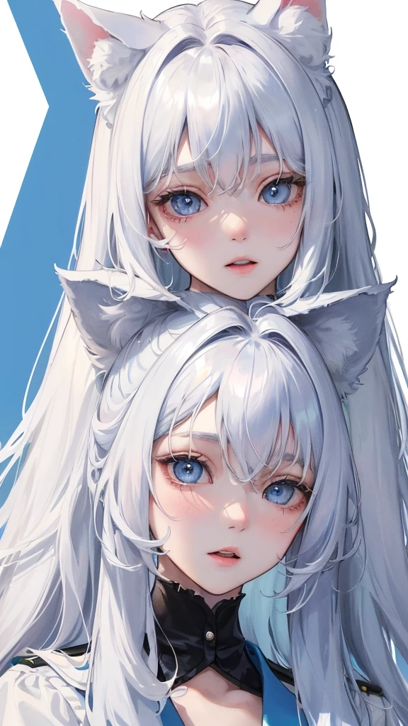 (Top resolution、Distinct_image)top-quality、A girl have white fluffy dog ears、masterpiece、highly detailed、Semi-realistic、blue eyes 、18year old、young、cool clothing、Exquisite facial features、Facial features ,variation potrait, a white background, white hair , long hairstyles, students uniform, teenage, cute, Fluffy fur,