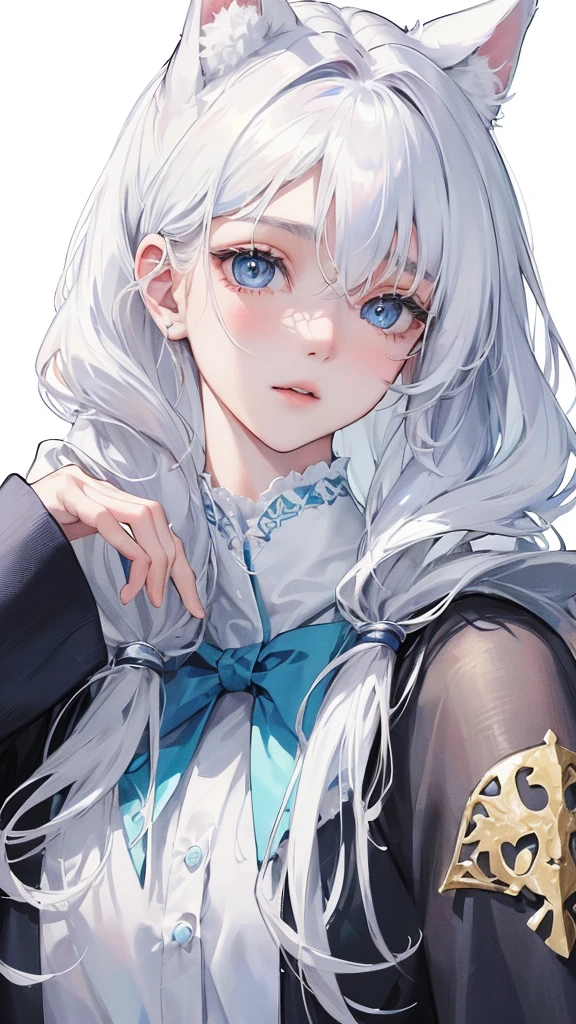 (Top resolution、Distinct_image)top-quality、A girl have white fluffy dog ears、​masterpiece、highly detailed、Semi-realistic、blue eyes  、18year old、young、cool clothing、Exquisite facial features、Facial features ,variation potrait, a white background,  white hair , long  hairstyles, students uniform, teenage, cute, Fluffy fur, 