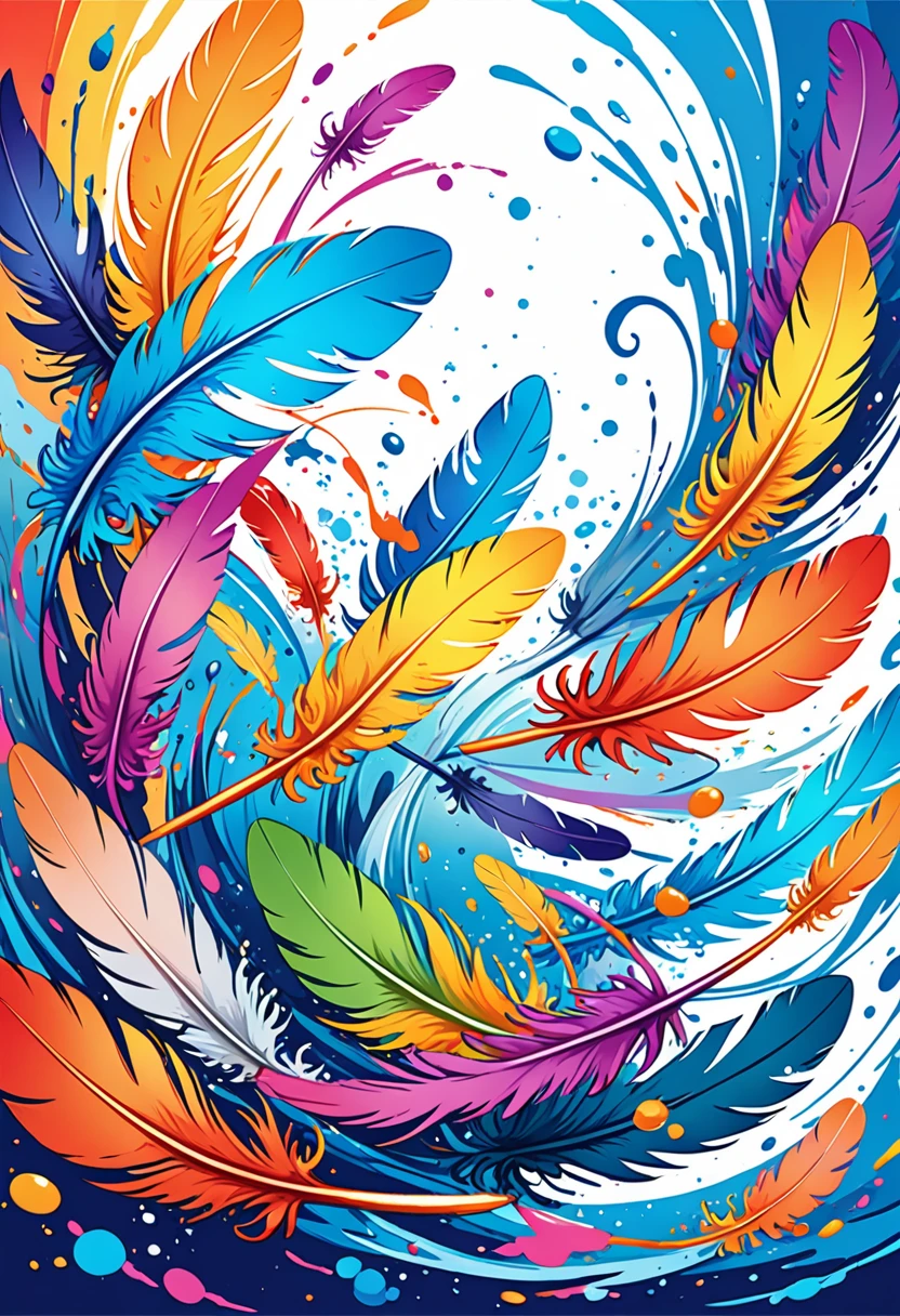 vectorial art, Colorful illustration with many cartoon feathers, At the center, swirly vibrant colors, paint splashes and smears, high détail, Underwater swimming background

