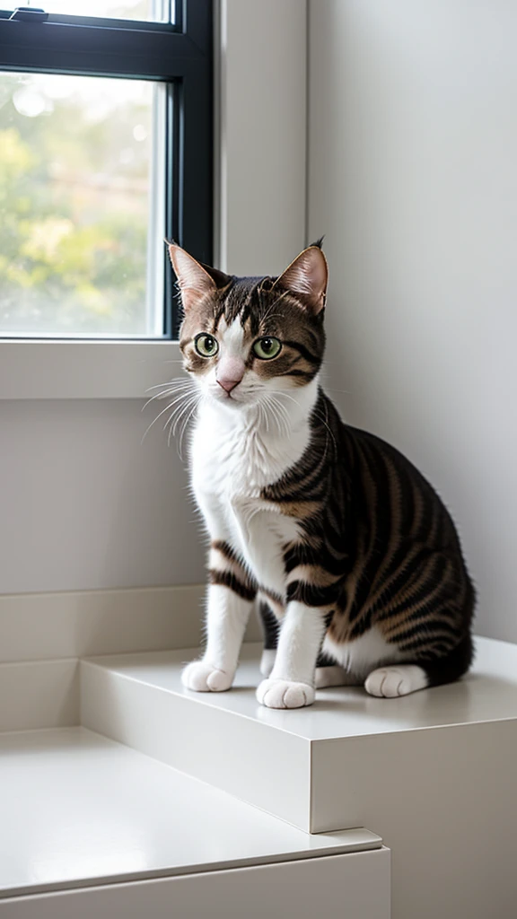 Create a realistic close-up, full-body portrait of a small, cute cat standing. The scene is set inside a modern house with sleek, contemporary furnishings. The cat should appear well-groomed and have a friendly, adorable expression. The interior should feature clean lines, minimalistic design elements, and ample natural light coming through large windows."