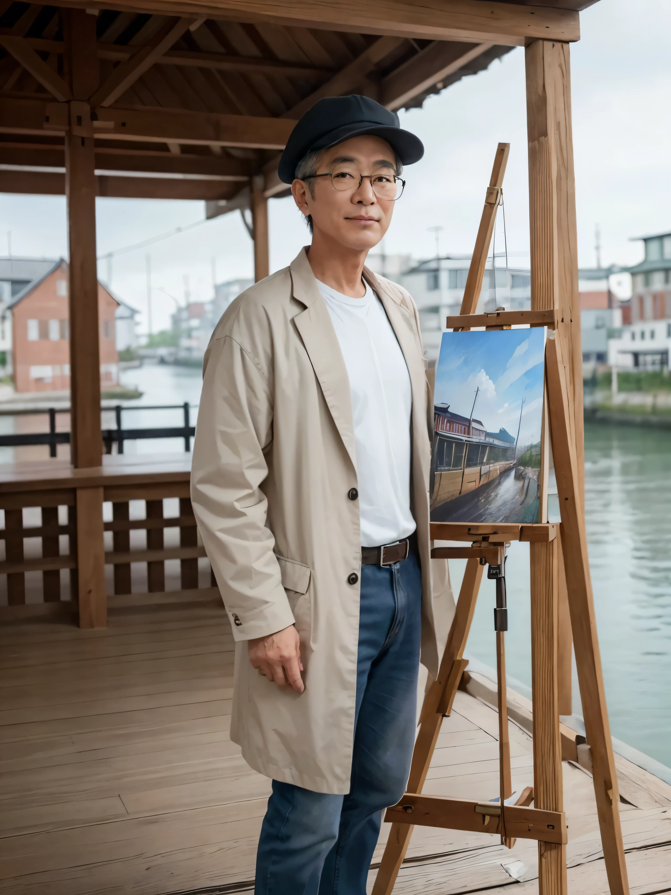 ((A 60-year-old Japanese man. A wooden tripod easel and paintings stand next to him while standing by the Otaru Canal in Hokkaido, Japan. The old warehouse by the canal can be seen in the background... He wears old-fashioned round-rimmed black glasses.Wearing a light gray fisherman hat..But he has the temperament of an artist.painter.)) ((top quality.real photos.masterpiece(CG Unity 8K High Detail Photo.Full body image))..He is a watercolor painter.full of artist temperament.Wearing a white shirt and a black jacket.Standing. For photographers.maintain eye contact.with a sincere smile.