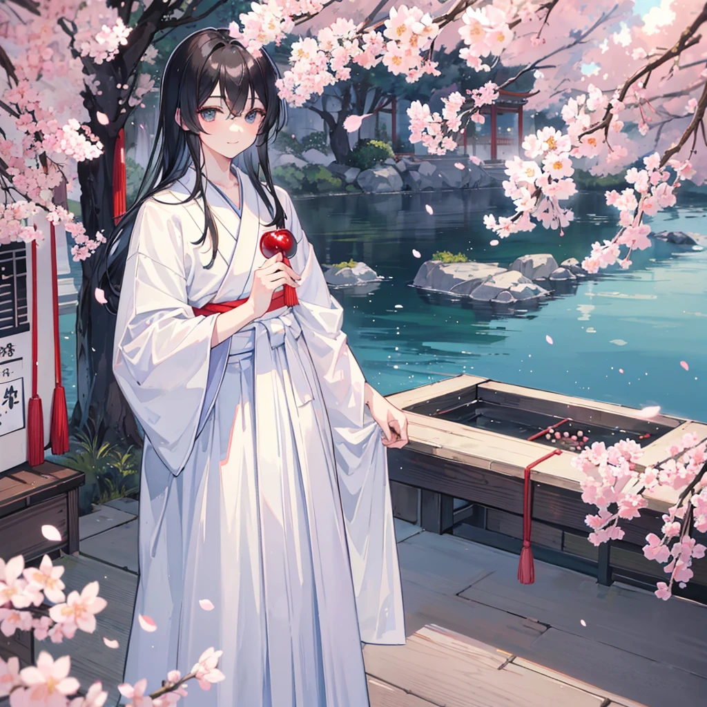 {{masterpiece}}, {{best quality}}, {ultra-detailed}, watercolor, spring, {{a cool boy}}, 1boy, 独奏,, beautiful black hair, beautiful black eyes, {beautiful eyes}, white-skinned, long hair, light smile,(Hakama),(shrine),(cherry blossoms)