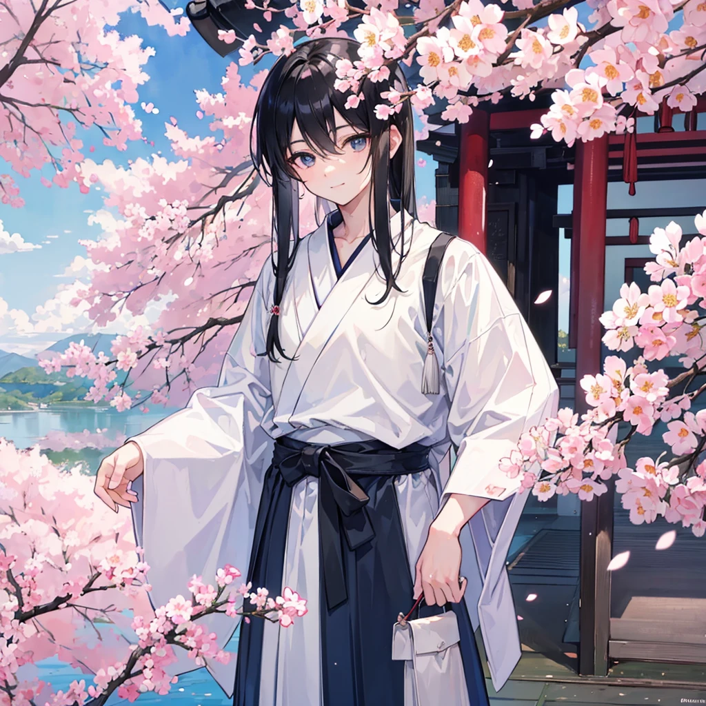 {{masterpiece}}, {{best quality}}, {ultra-detailed}, watercolor, spring, {{a cool boy}}, 1boy, 独奏,, beautiful black hair, beautiful black eyes, {beautiful eyes}, white-skinned, long hair, light smile,(Hakama),(shrine),(cherry blossoms)