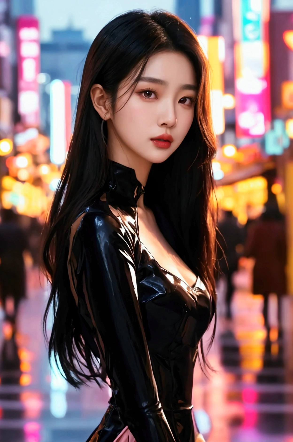 Create a realistic and detailed image of a beautiful Korean woman who is 21 years old. She has fair skin with a smooth complexion, and her long, straight black hair flows gracefully down past her shoulders. Her eyes are dark brown, exuding a gentle yet captivating expression. She is wearing light makeup, featuring a subtle pink eyeshadow that complements her delicate features, and a soft pink lipstick that enhances her natural beauty. She is dressed elegantly in a black long-sleeve dress that fits her perfectly, highlighting her graceful silhouette. The dress has a modest yet stylish design, suitable for an evening out in the city. The setting is in the heart of Seoul at night. The vibrant cityscape forms the background, filled with illuminated skyscrapers, colorful neon signs, and bustling streets. The atmosphere is lively, with the lights reflecting off the surfaces, creating a dynamic and modern urban environment. The image captures the essence of Seoul’s nightlife, with the woman standing confidently amidst the energetic surroundings, blending elegance and contemporary city life. This prompt provides more detail and context to help the AI generate a richer and more vivid image.