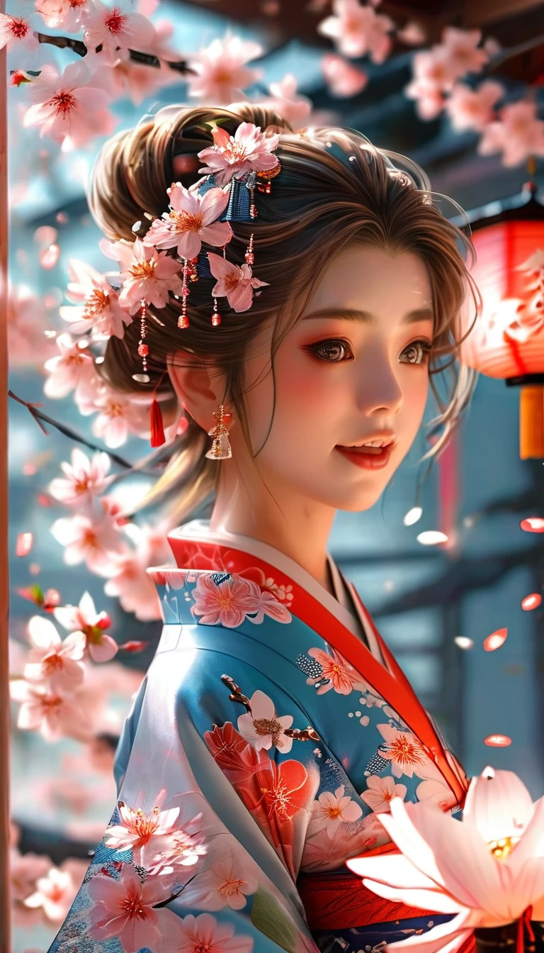 A masterpiece of a high school girl in a provocative kimono.: A masterpiece in 16K UHD resolution takes place in a Japanese-style room decorated with cherry blossoms and lanterns.。An attractive young woman with brown hair falling down her back、She wears a flowing kimono that accentuates her curves..。His blue eyes shine with admiration as he smiles with his mouth open...、Its detailed features give off a blushing charm.。Photorealistic images are、From the seams of your kimono to every strand of hair、Capture every detail as the light flows softly behind her..。Her long fingers are adorned with intricate nails.