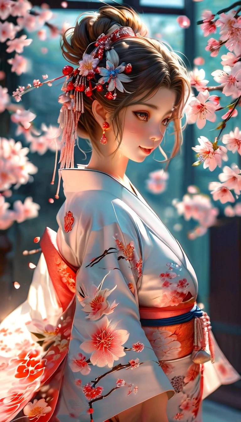 A masterpiece of a high school girl in a provocative kimono.: A masterpiece in 16K UHD resolution takes place in a Japanese-style room decorated with cherry blossoms and lanterns.。An attractive young woman with brown hair falling down her back、She wears a flowing kimono that accentuates her curves..。His blue eyes shine with admiration as he smiles with his mouth open...、Its detailed features give off a blushing charm.。Photorealistic images are、From the seams of your kimono to every strand of hair、Capture every detail as the light flows softly behind her..。Her long fingers are adorned with intricate nails.