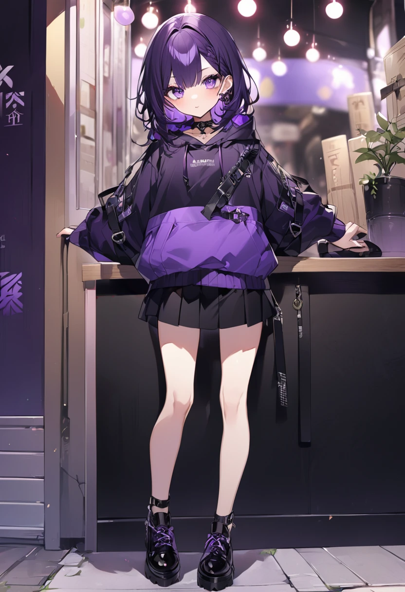 Kate。Purple Eyes。Purple Hair。Purple hoodie。Black Skirt。Black shoes下。Black shoes