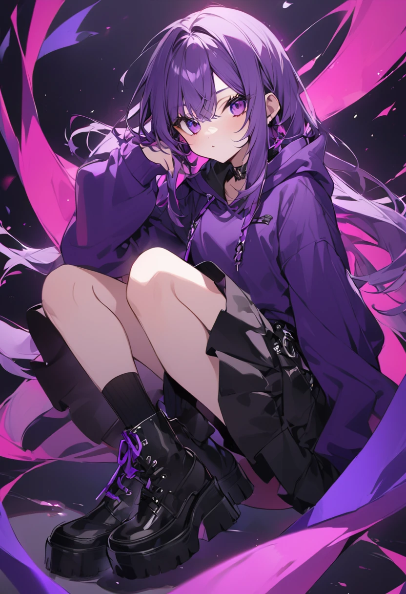 Kate。Purple Eyes。Purple Hair。Purple hoodie。Black Skirt。Black shoes下。Black shoes