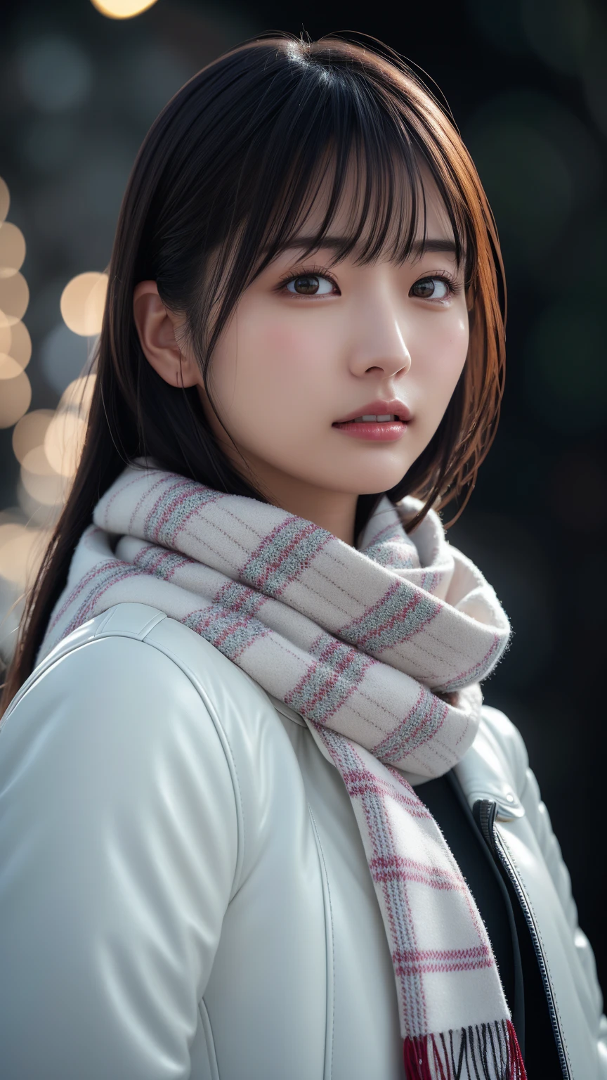 ((Excellent style)), Japanese women、Photorealistic、Beautiful attention to detail、Hyperrealism、High Contrast、Ultra HD、Realistic skin texture、Best image quality、Highest quality、Ultra-high resolution、Fine details、White scarf, Black leather jacket, Christmas illuminations in the background, slender, night, Gorgeous illumination, illumination, Xmas, Without opening your mouth