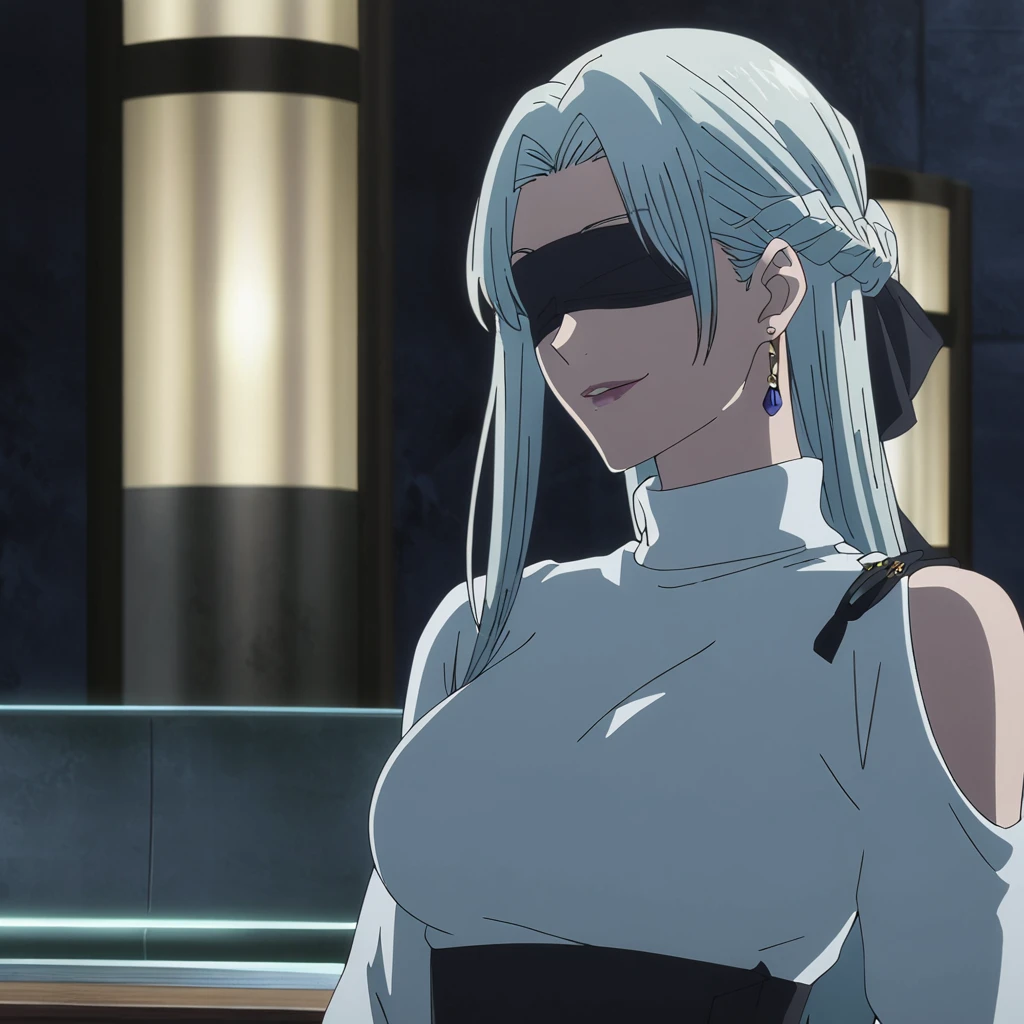 1girl, female gojo satoru, anime screencap from jujutsu kaisen, gojo satoru female version, solo, long_hair, ((wearing black blindfold)) ((White_hair, elegant hairstyle, french braid)), night view, (hanging breasts) upper_body, smile, indoors, book, lips, (slightly straight hair) ((wearing white sweater)) breast, "very detailed and high resolution" (black blindfold) ((shoulder length straight hair)) ((solo)) (((front view))) (earings) ((high resolution)) ((good quality)) ((elegant hairstyle, french braid)) 