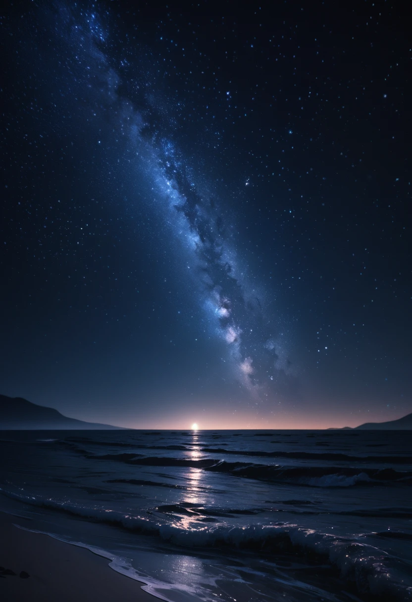(((masterpiece))), Starry sky photography, Dark night, No light, Serene atmosphere, Calm sea, detailed, highly detailed, (8K)
