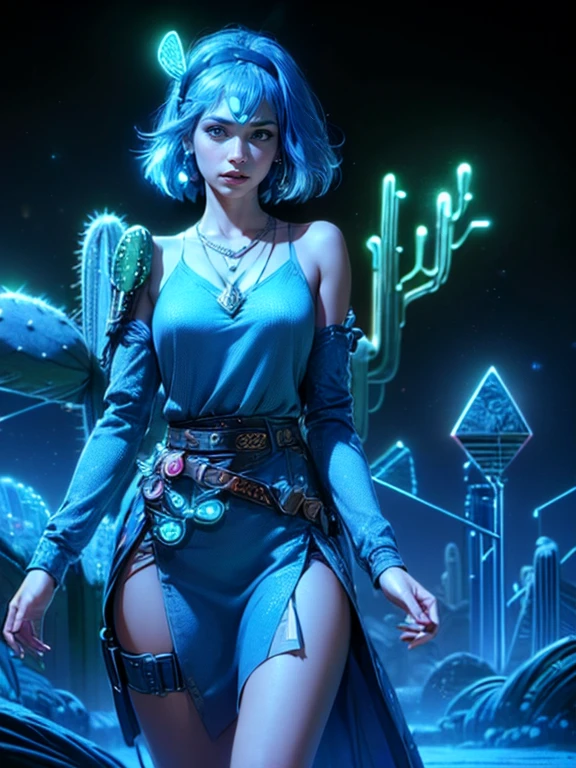 top quality, future world, State-of-the-art robot, Beautiful Woman, flying hair, Transformed into a cyborg except for the face,  Transformed into a cyborg except for the shoulder, sexy images, whole body photo, (((Princess, triangle headband and necklace and  belt, blue colour dust, desert, cactus, windy)))