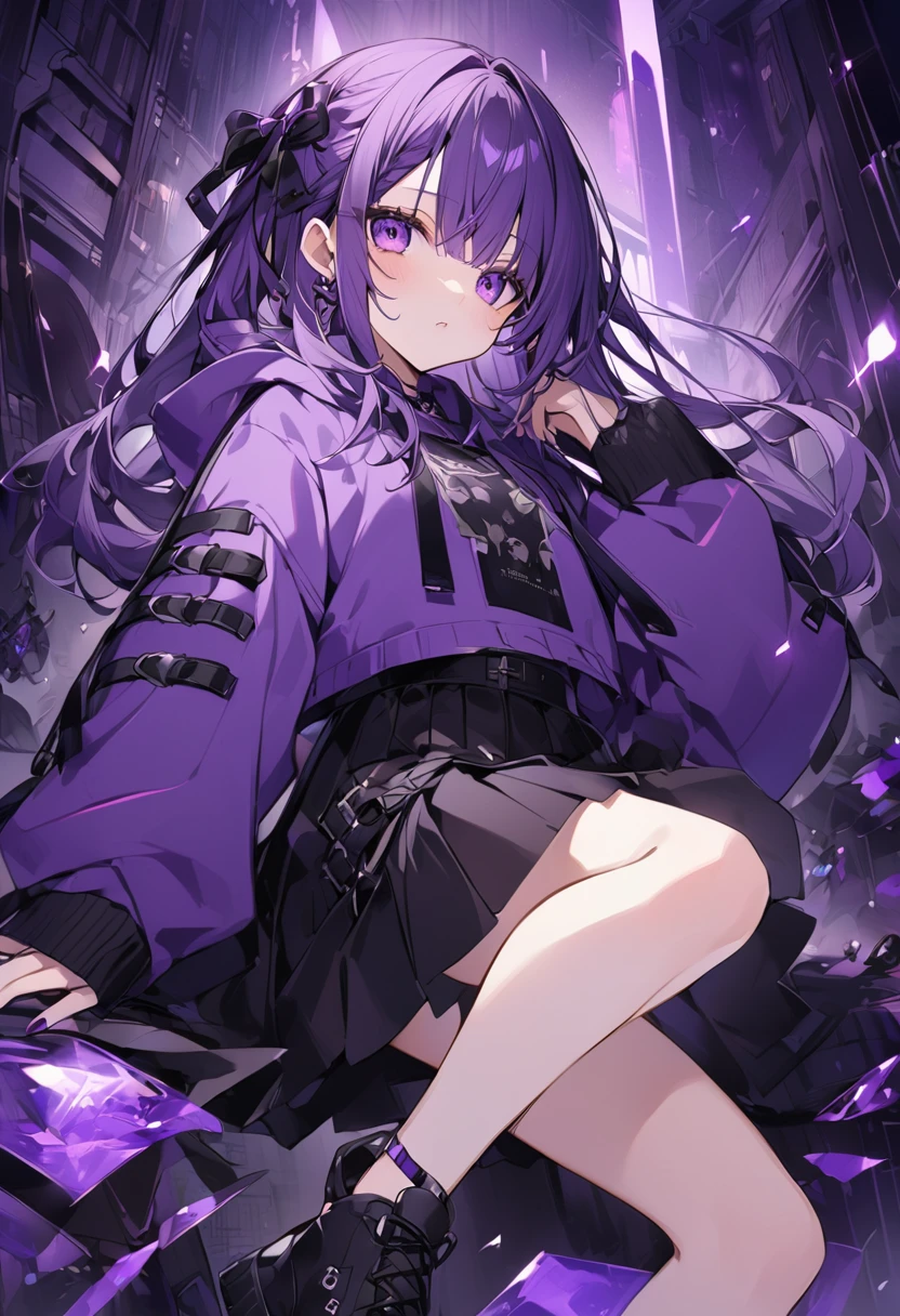 Kate。Purple Eyes。Purple Hair。Purple hoodie。Black Skirt。Black shoes下。Black shoes。Two black ribbons。