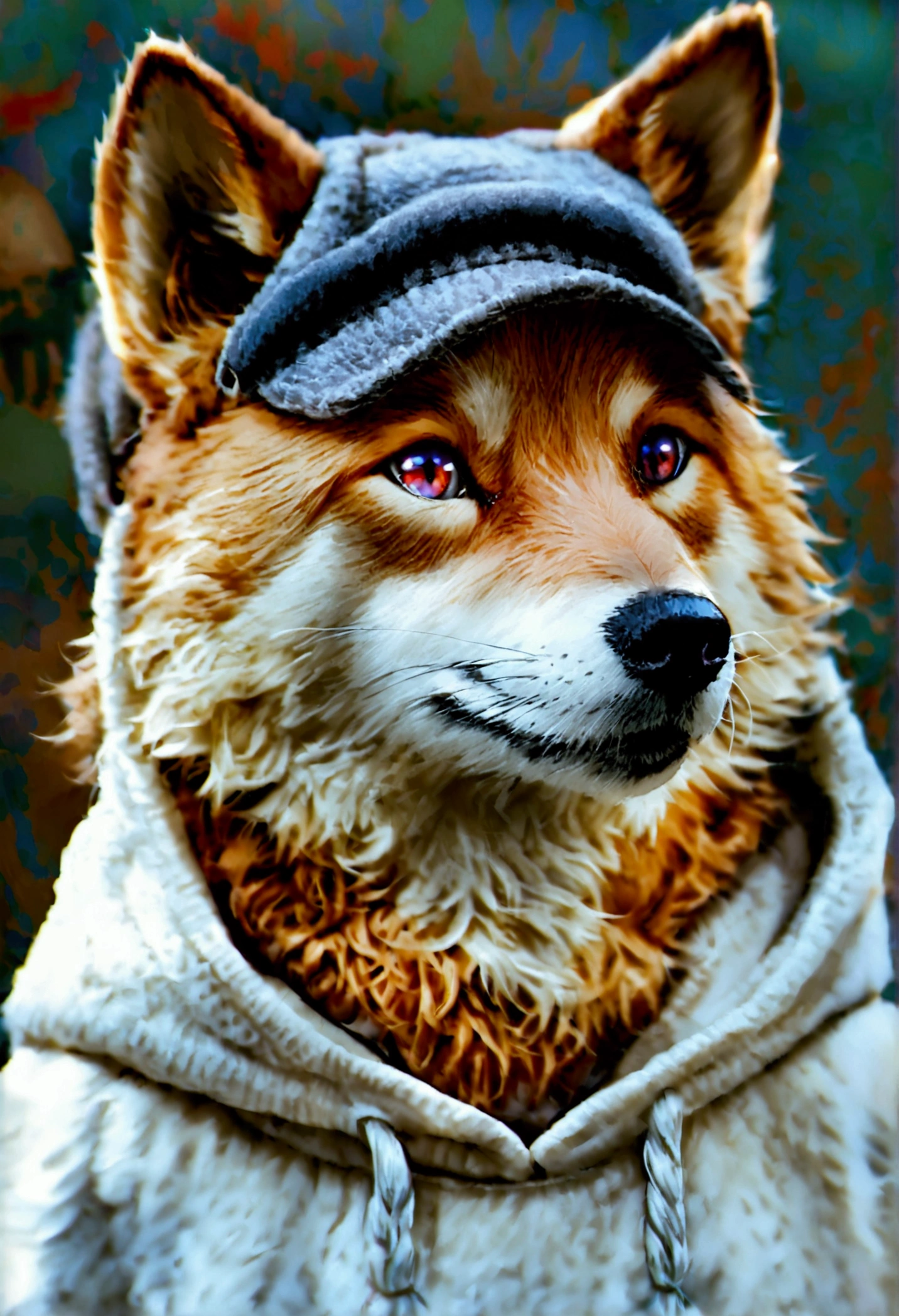 Wolf Hair、Purple eyes、Long eyeliner、I like Shiba Inu, Cat, smile,He is wearing a white hoodie and a grey hat.,Long light blonde hair。