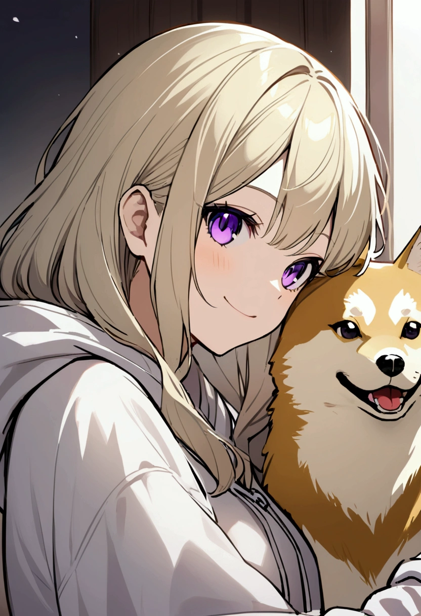 Wolf Hair、Purple eyes、Long eyeliner、I like Shiba Inu, Cat, smile,He is wearing a white hoodie and a grey hat.,Long light blonde hair。