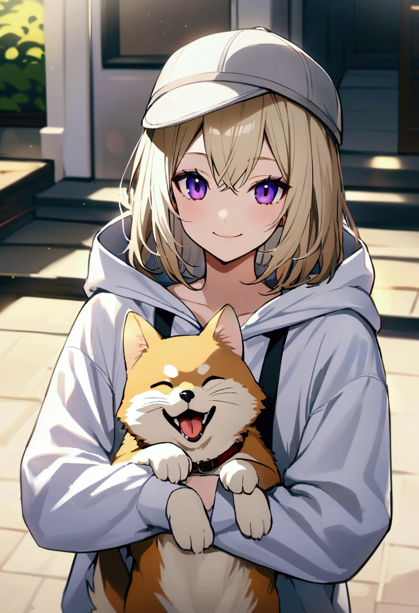Wolf Hair、Purple eyes、Long eyeliner、I like Shiba Inu, Cat, smile,He is wearing a white hoodie and a grey hat.,Long light blonde hair。