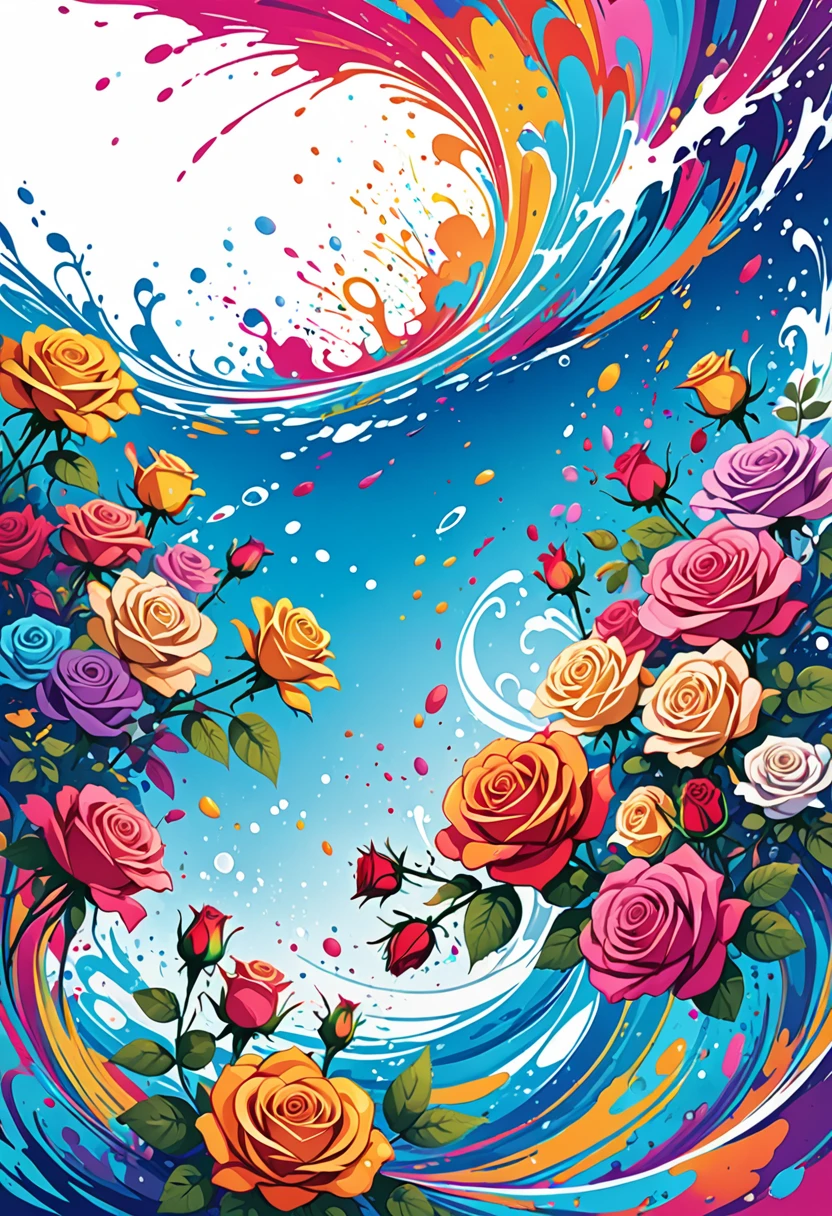 vectorial art, Colorful illustration with many roses, white center, swirly vibrant colors, paint splashes and smears, high détail, Underwater swimming background