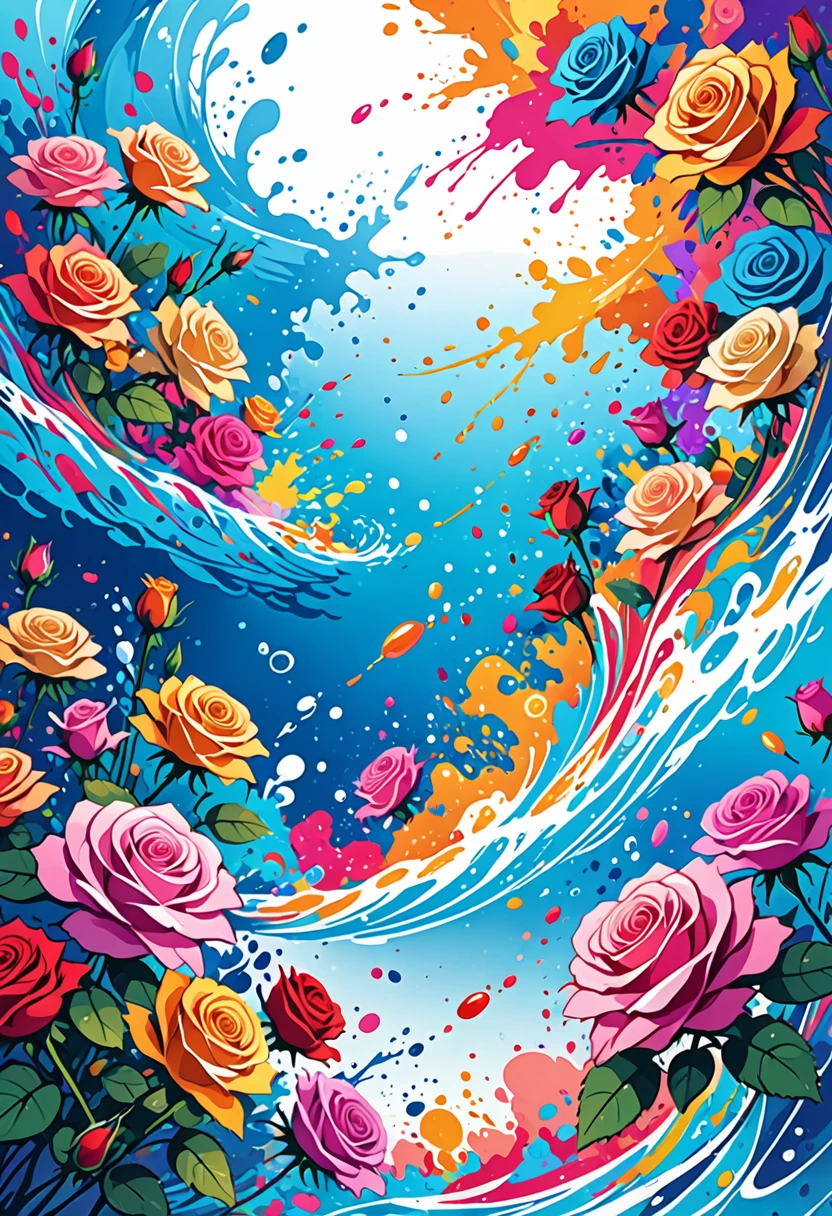 vectorial art, Colorful illustration with many roses, white center, swirly vibrant colors, paint splashes and smears, high détail, Underwater swimming background