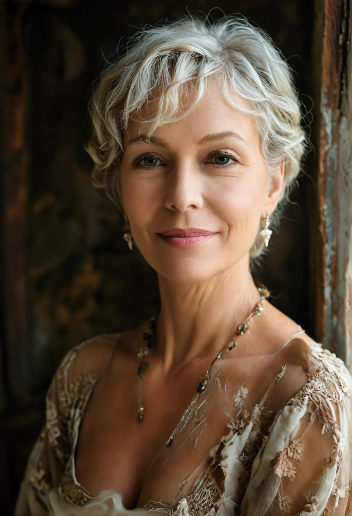 A 60-year-old woman with short blond hair. She has an hourglass figure, massive breasts. ,Wide hips (implants), Prominent buttocks (implants). She's fully clothed, not naked or topless.

An elegant woman stands in a well-lit photo studio, posing for a local Normandy magazine. Jade is wearing an elegant cream-colored dress, adorned with delicate lace around the collar and cuffs. Her hair is styled in soft waves, falling gracefully over her shoulders. She stands in front of a neutral background, subtly decorated with elements reminiscent of Normandy, such as a large poster of a local beach and potted apple blossoms.

She smiles softly, exuding an aura of confidence and warmth. She holds a copy of the local magazine open in her hands, displaying a page of articles. Next to her, a rustic wooden coffee table is decorated with a few accessories.




