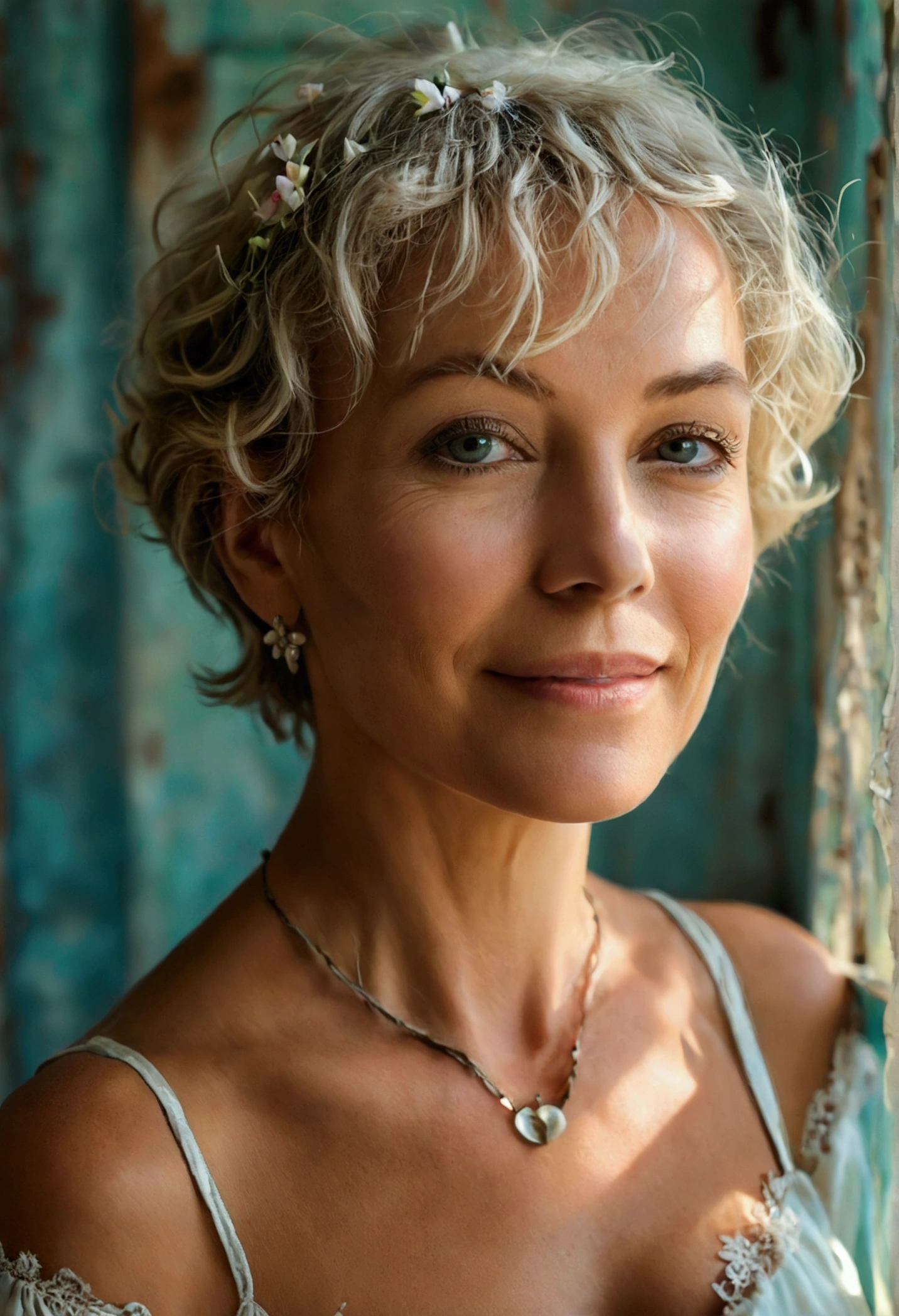 A 60-year-old woman with short blond hair. She has an hourglass figure, massive breasts. ,Wide hips (implants), Prominent buttocks (implants). She's fully clothed, not naked or topless.

An elegant woman stands in a well-lit photo studio, posing for a local Normandy magazine. Jade is wearing an elegant cream-colored dress, adorned with delicate lace around the collar and cuffs. Her hair is styled in soft waves, falling gracefully over her shoulders. She stands in front of a neutral background, subtly decorated with elements reminiscent of Normandy, such as a large poster of a local beach and potted apple blossoms.

She smiles softly, exuding an aura of confidence and warmth. She holds a copy of the local magazine open in her hands, displaying a page of articles. Next to her, a rustic wooden coffee table is decorated with a few accessories.




