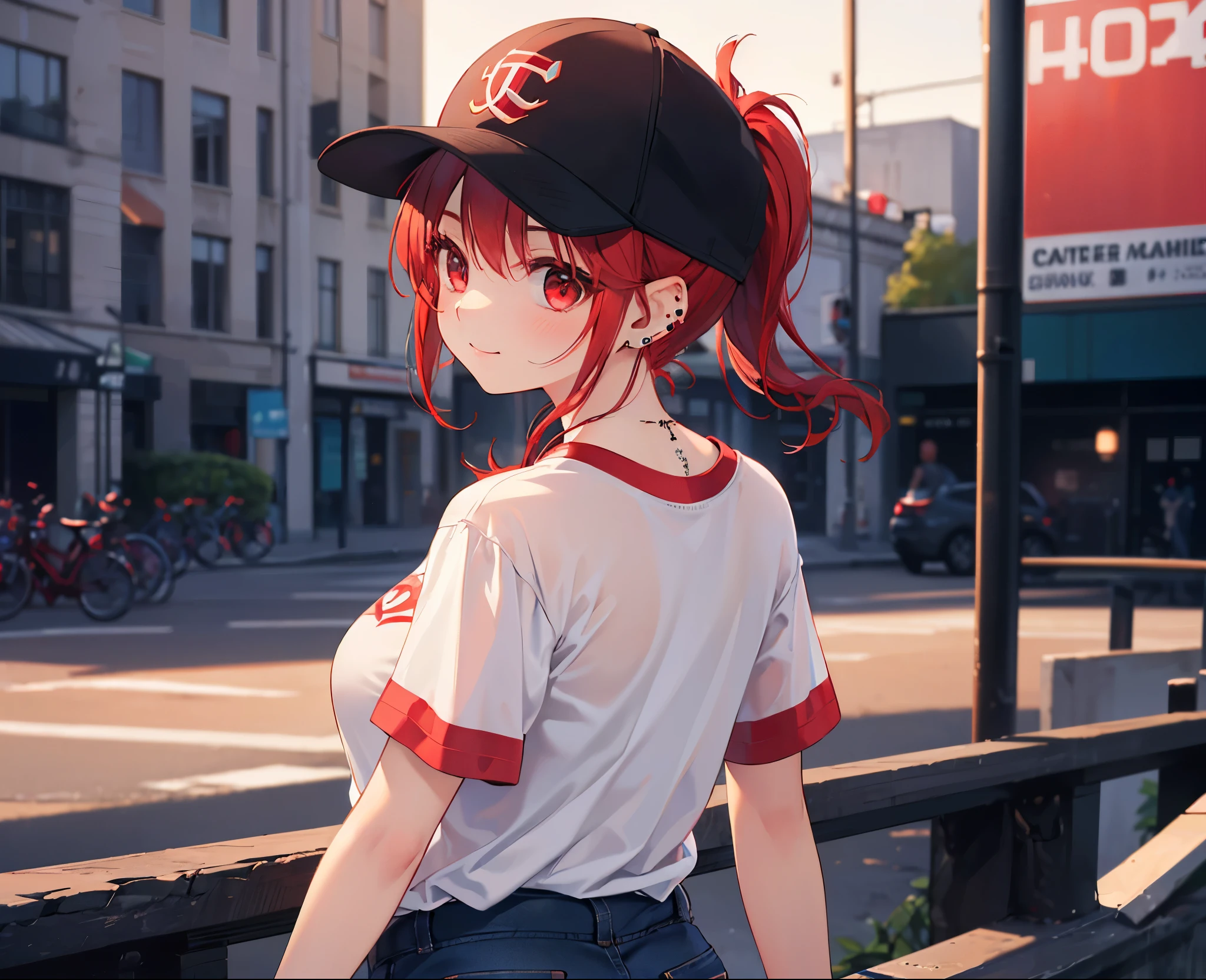 (Close-up:1.3),Realistic,Highest quality, Ultra Detail, High-quality CG rendering, The most delicate and beautiful, Floating softly, High resolution, (1 girl), (Highest quality,4K,8K,masterpiece:1.2),(All red hair:1.5), (ponytail:1.5),(Red eyes:1.5),(Slightly larger breasts:1.2), (Oversized black short sleeve t-shirt:1.3),(Black skinny jeans:1.3),(Black baseball cap:1.3),In the city,old buildings,(Turn your back to your audience:1.3),Butt,Are standing,smile,(Piercing in left ear:1.3)