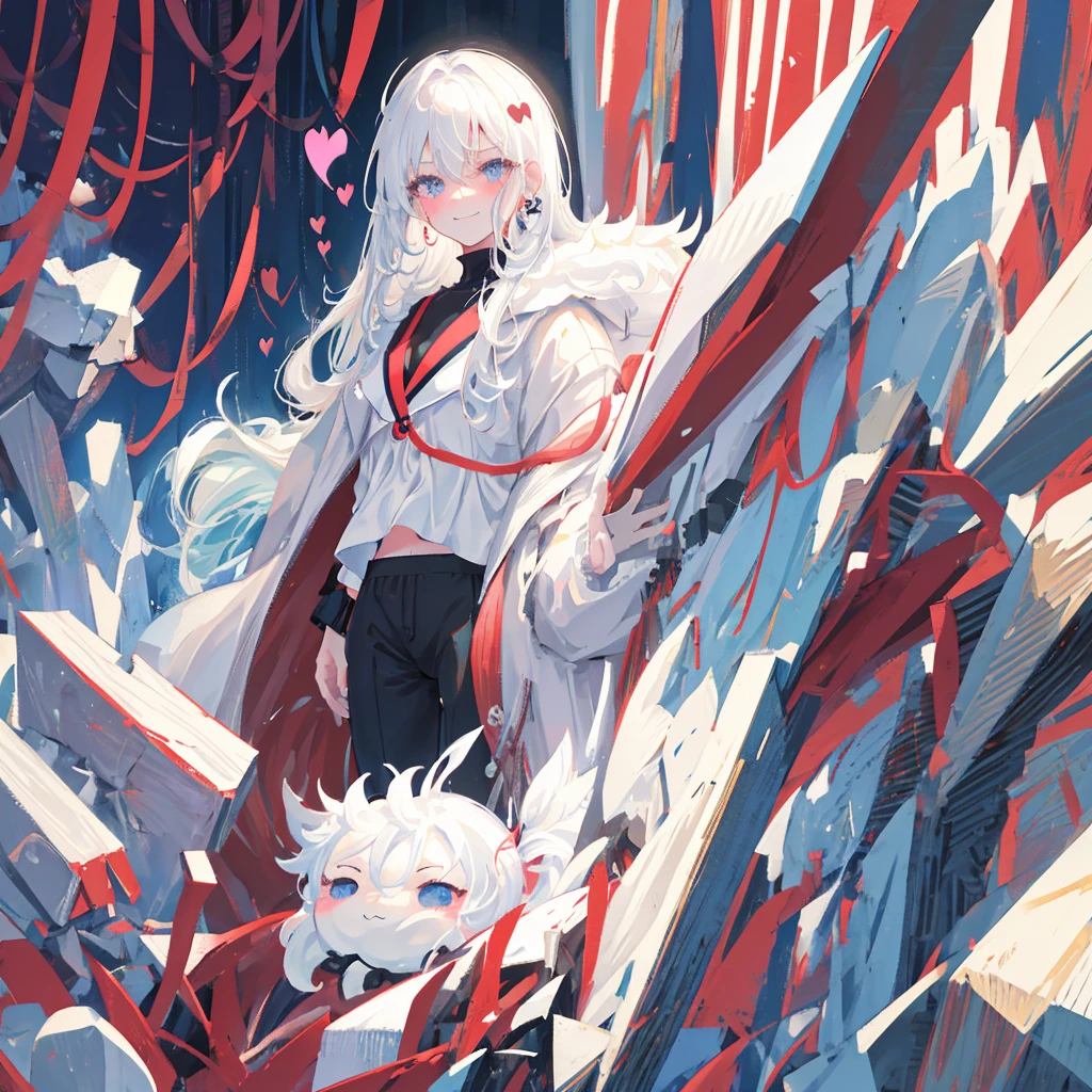 Masterpiece, High quality, High quality of art, anime lineart, 1girl,white hair, black eyes, white eyebrow, red eyeshadow, Tall, black cyber clothers, light gray cyber pants, big hips, big chest, very blush, white hearts in eyes, in future base, looking at viewer, smile, white skin, white hearts in eyes, in white fur Coat, in Antarctica base