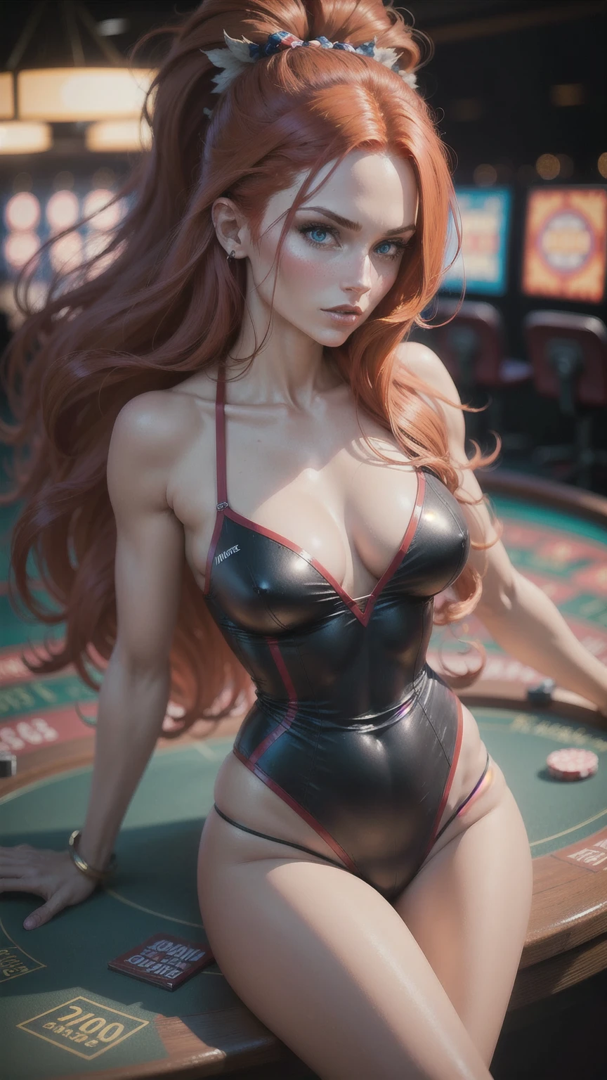 a hot red-haired woman with long hair, toned skin, photographs advertising online casino roulette wheels on a blue background, blurred LEDs0