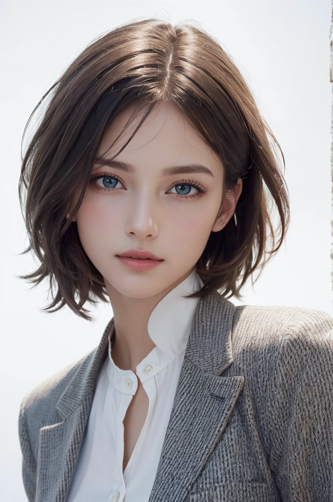 8K Ultra HD、RAWphotograph、モデルphotograph撮影、 European Fashion、(masterpiece、Highest quality、Realistic、High resolution、photograph:1.3)、close、focus on、Hot Model、slim、30 year old mature woman、Small face、No makeup、short hair、Beautiful dark brown Hayne eyes、Genuineスキン、(Perfect body)、Sexy hot face、sexual sight、slim、Tweed jacket、Long sleeve、High neck shirt、Button up,Beautiful eyes in every detail、Glossy lips、((Bright light、Dynamic Lighting、Genuine、超Genuine、 realism、Genuineなディテール、Cool Beauty、Cool pose、Background white、Plain white background