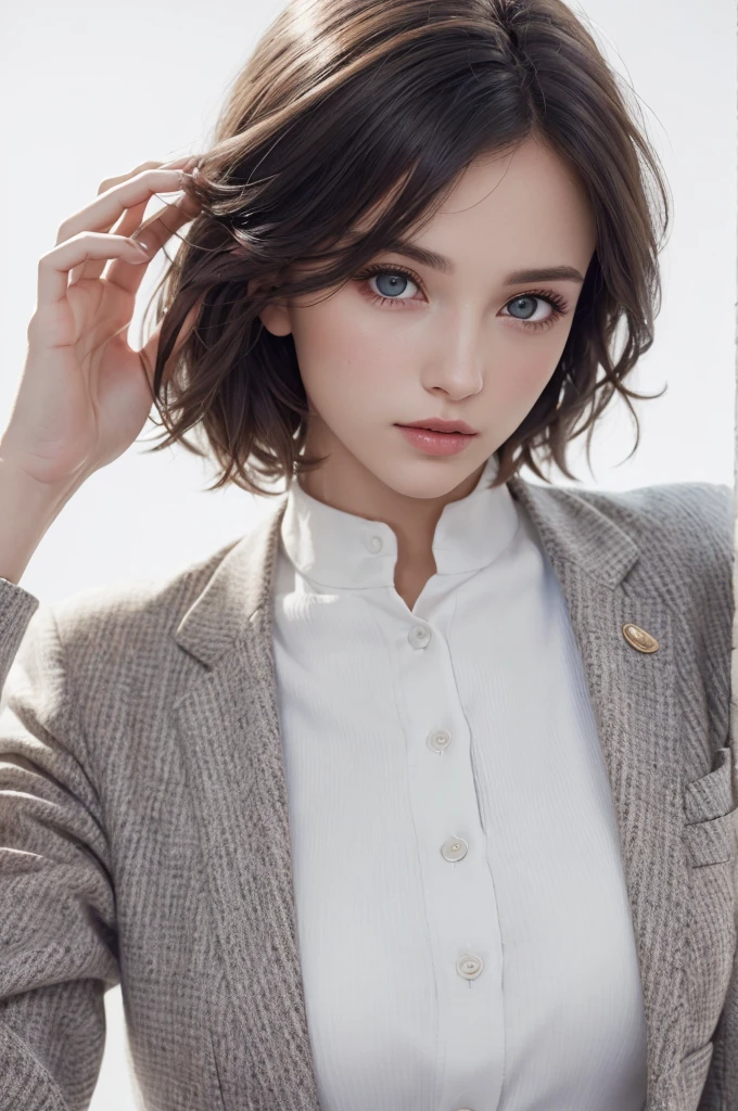 8K Ultra HD、RAWphotograph、モデルphotograph撮影、 European Fashion、(masterpiece、Highest quality、Realistic、High resolution、photograph:1.3)、close、focus on、Hot Model、slim、30 year old mature woman、Small face、No makeup、short hair、Beautiful dark brown Hayne eyes、Genuineスキン、(Perfect body)、Sexy hot face、sexual sight、slim、Tweed jacket、Long sleeve、High neck shirt、Button up,Beautiful eyes in every detail、Glossy lips、((Bright light、Dynamic Lighting、Genuine、超Genuine、 realism、Genuineなディテール、Cool Beauty、Cool pose、Background white、Plain white background