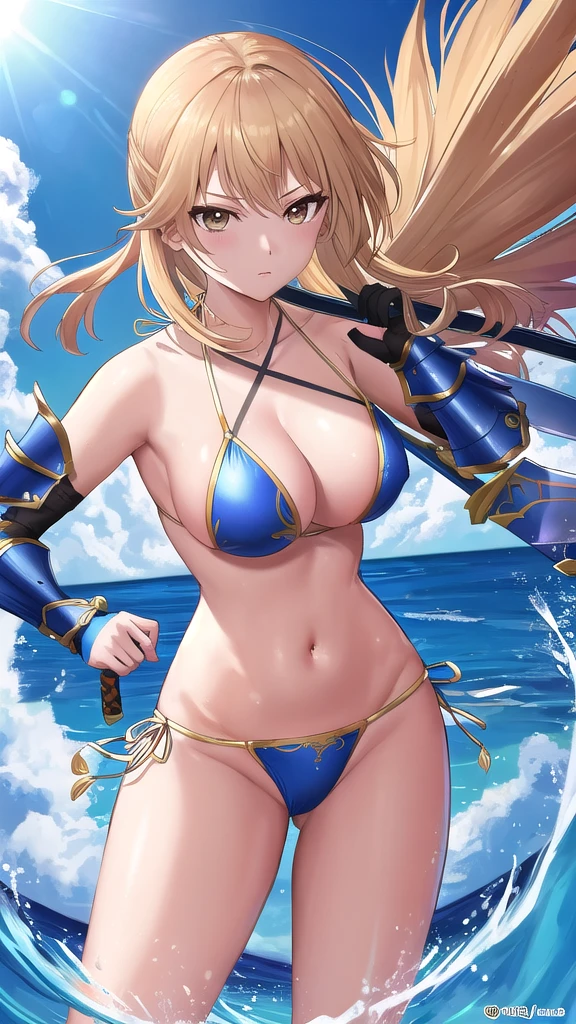 Cartoon character with sword, Art inspired by Masamune Shirow, Armor Girl, Bikini Armor, Bikini Armor, Bikini Armor female knight, Bikini Armor, tits, Knight Girl, tits、Intense battle scenes,topless, White thighs,Vertical belly button、Skin radiance