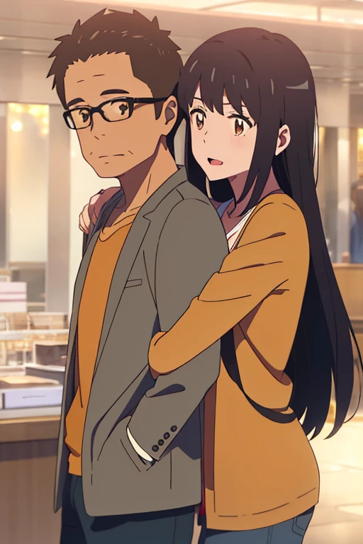 shinkai makoto, kimi no na wa., middle aged man, office suite, wrinkles, middle aged man touching girl breast,breastgrope from behind, passionate hug, middle aged man is hugging from behind, 1girl, bangs, black hair, brown eyes, open mouth, Twisted Half Up, red ribbon, long hair, long sleeve light yellow cardigan, open shirt, yellow shirt, cleavage, breast, medium breast, Orange shirt, orange jeans, night, indoors, mall, masterpiece, perfect ???????, cowboyshot,