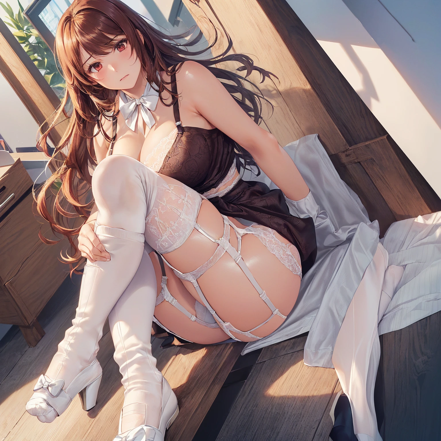 (((masterpiece, Highest quality, High resolution, 超High resolution, Perfect Pixel, Depth of written boundary, 4K, RTTX 10.0))), Beautiful Anime Women, Beautiful art style, Anime characters, ((Smooth texture, Realistic texture, Anime CG Style)), Exact finger count、Exact number of legs、(Exact number of arms:1.0, Exact number of hands:1.0), (Perfect hands, Perfect Anatomy), Cinematic, Realistic, Extremely detailed CG, Daytime lighting, Perfect lighting, Best Shadow, The best natural light, whole body, Perfect body, バランのとれたPerfect body, Perfectly balanced style, ((Long Hair, bangs, Reddish brown hair, Stylish hairstyle)), ((下着姿の女性はセクシーにOffice corridorを歩いている:1.4) High resolutionのRAWカラー写真, Professional photography, Great face and eyes, Beautiful and large breasts, Slender body, (Stunningly beautiful woman), (Detailed face:1.2), (Office corridor, Many business people walking down the corridor, There is a window in the hallway:1.3), ((Bow tie around neck, High heels:1.3), (Sexy and cute white underwear:1.3), (Stylish shiny white satin panties, Side-tie panties, Panties with plain white center and lace decoration on the sides:1.3), (Thin panties with ribbon:1.3), (White micro lace satin bra, White bra with lace trim, Thin bra with ribbon:1.3), (garter belt, Knee socks:1.3):1.3), Exact number of arms, Exact number of legs, Perfect Anatomy, (Embarrassed expression, Surprised expression), Angle from the front, (Employee ID card worn around the neck:1.3)