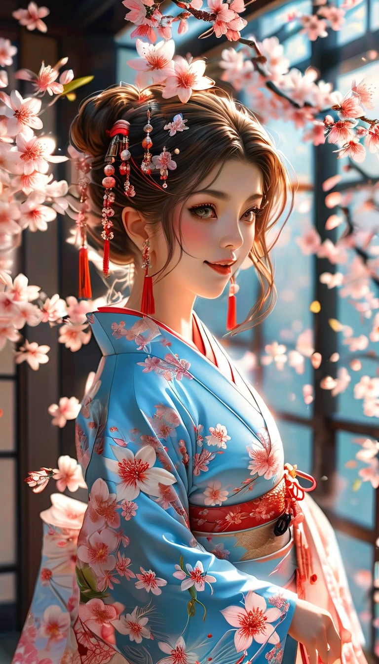 A masterpiece of a high school girl in a provocative kimono.: A masterpiece in 16K UHD resolution takes place in a Japanese-style room decorated with cherry blossoms and lanterns.。An attractive young woman with brown hair falling down her back、She wears a flowing kimono that accentuates her curves..。His blue eyes shine with admiration as he smiles with his mouth open...、Its detailed features give off a blushing charm.。Photorealistic images are、From the seams of your kimono to every strand of hair、Capture every detail as the light flows softly behind her..。Her long fingers are adorned with intricate nails.