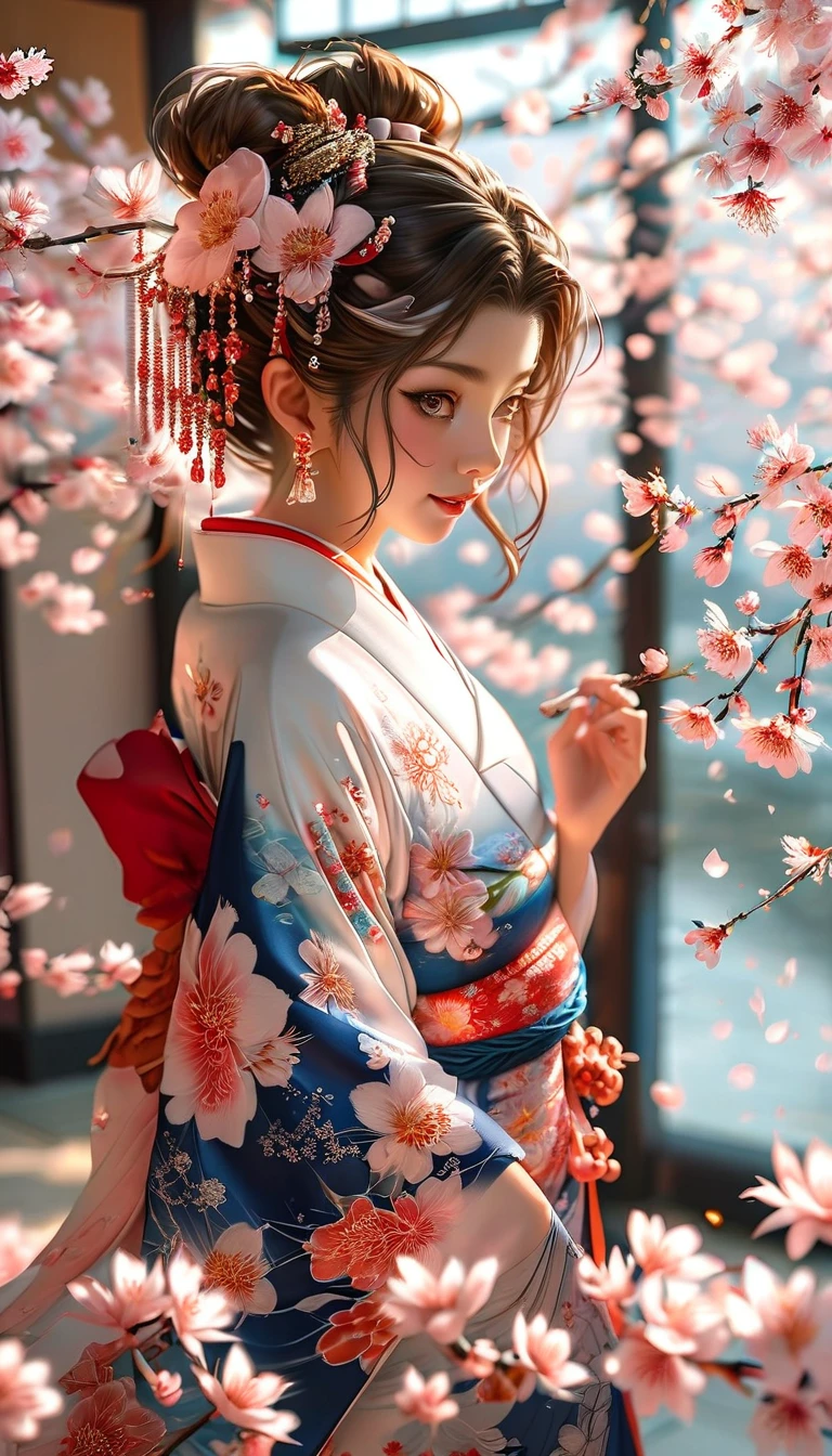 A masterpiece of a high school girl in a provocative kimono.: A masterpiece in 16K UHD resolution takes place in a Japanese-style room decorated with cherry blossoms and lanterns.。An attractive young woman with brown hair falling down her back、She wears a flowing kimono that accentuates her curves..。His blue eyes shine with admiration as he smiles with his mouth open...、Its detailed features give off a blushing charm.。Photorealistic images are、From the seams of your kimono to every strand of hair、Capture every detail as the light flows softly behind her..。Her long fingers are adorned with intricate nails.