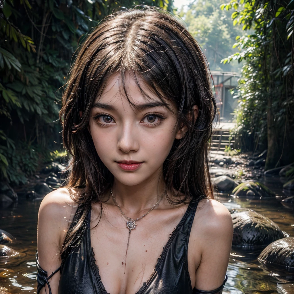 (msterpiece:1.3), (8k, RAW photo, best quality: 1.4), beautiful face, beautiful hairstyle, beautiful detailed eyes, beautiful skin, ultra high res, highly detailed,NSFW, 3 girls in abandoned underground sewer, big breast,facial close up,necklace,arms behind back,evil smile,knife,light long hair, ultra detailed skin,Heavy makeup, flower hairpin, naked,colorful patterned lace dress,half body,muddy water on ground,sitting on a big rock, dirty rock,