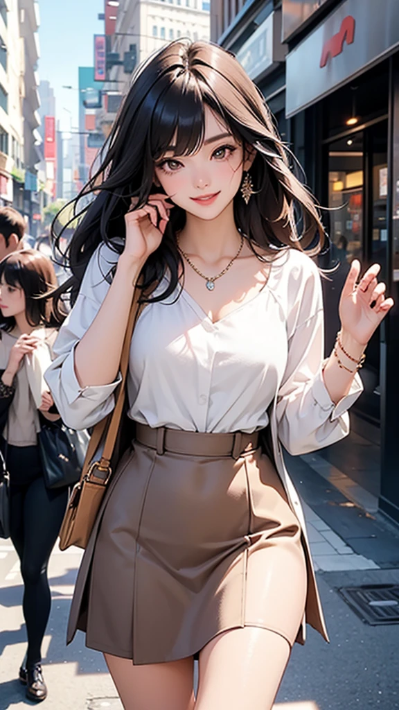 (masterpiece、Highest quality)、Best details,A woman in her 20s with a slim body. Her hair is long, brownish-black with bangs. She has large double eyelids and a smiling, happy expression. She is dressed in a feminine outfit suitable for a date, wearing a blouse and skirt. She accessorizes with a delicate necklace. The pose is of her walking in the city. The background is a daytime cityscape with good weather.