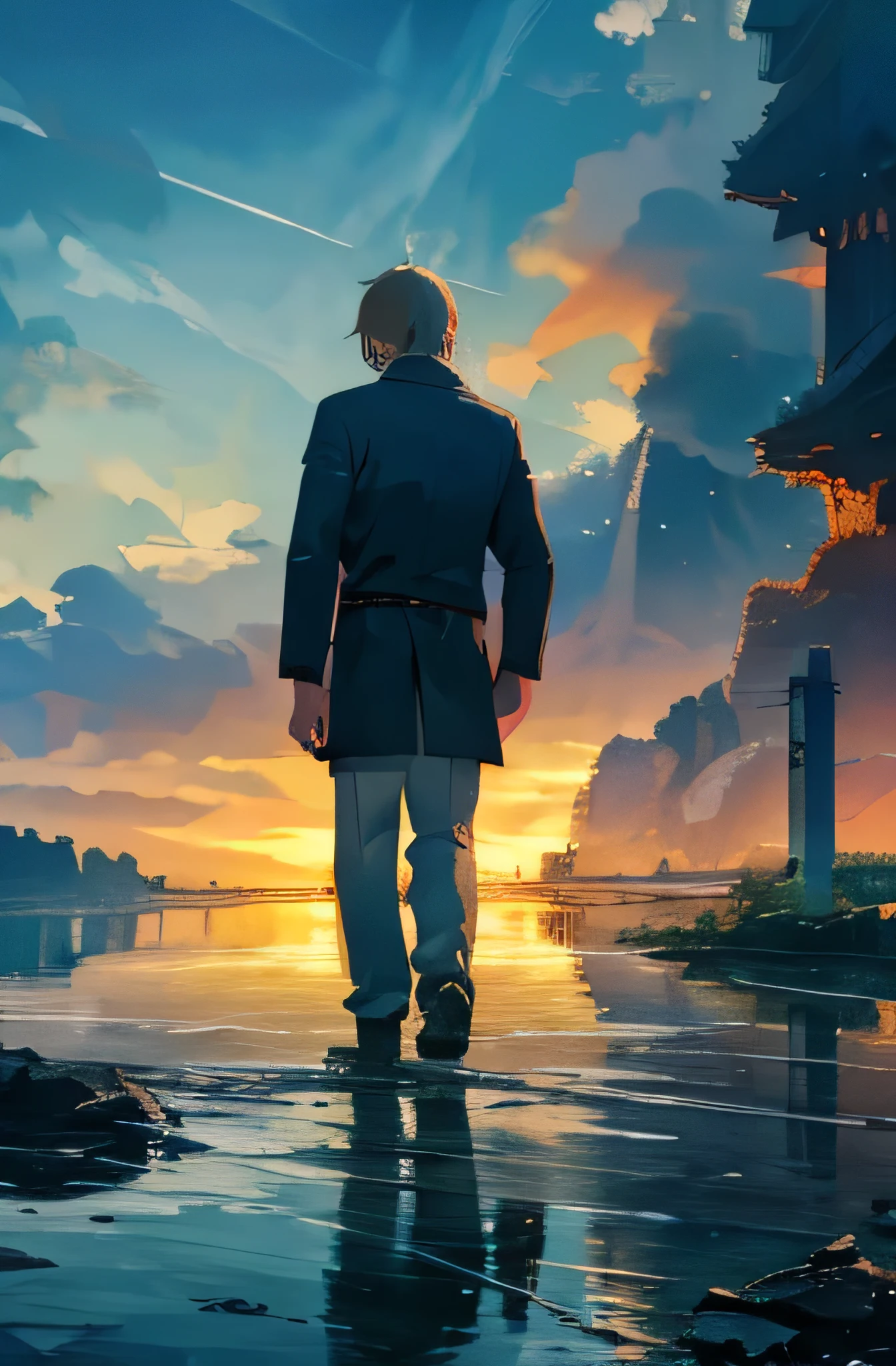 boy standing in the water watching the skyfall, 4k anime back ground, high details, high resolution.