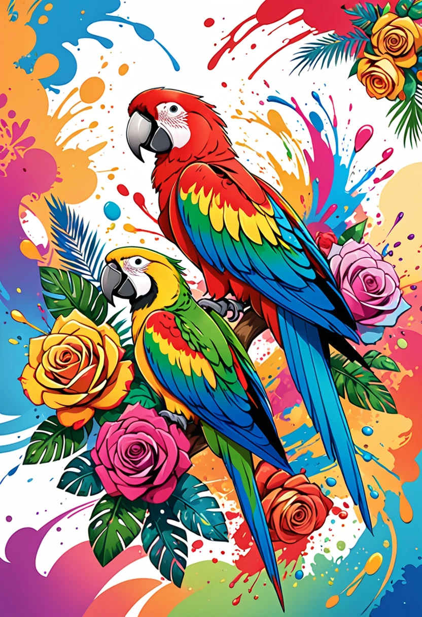 vectorial art, Colorful illustration with roses and parrots, At the center, swirly vibrant colors, paint splashes and smears, high détail, Hawaiian style background