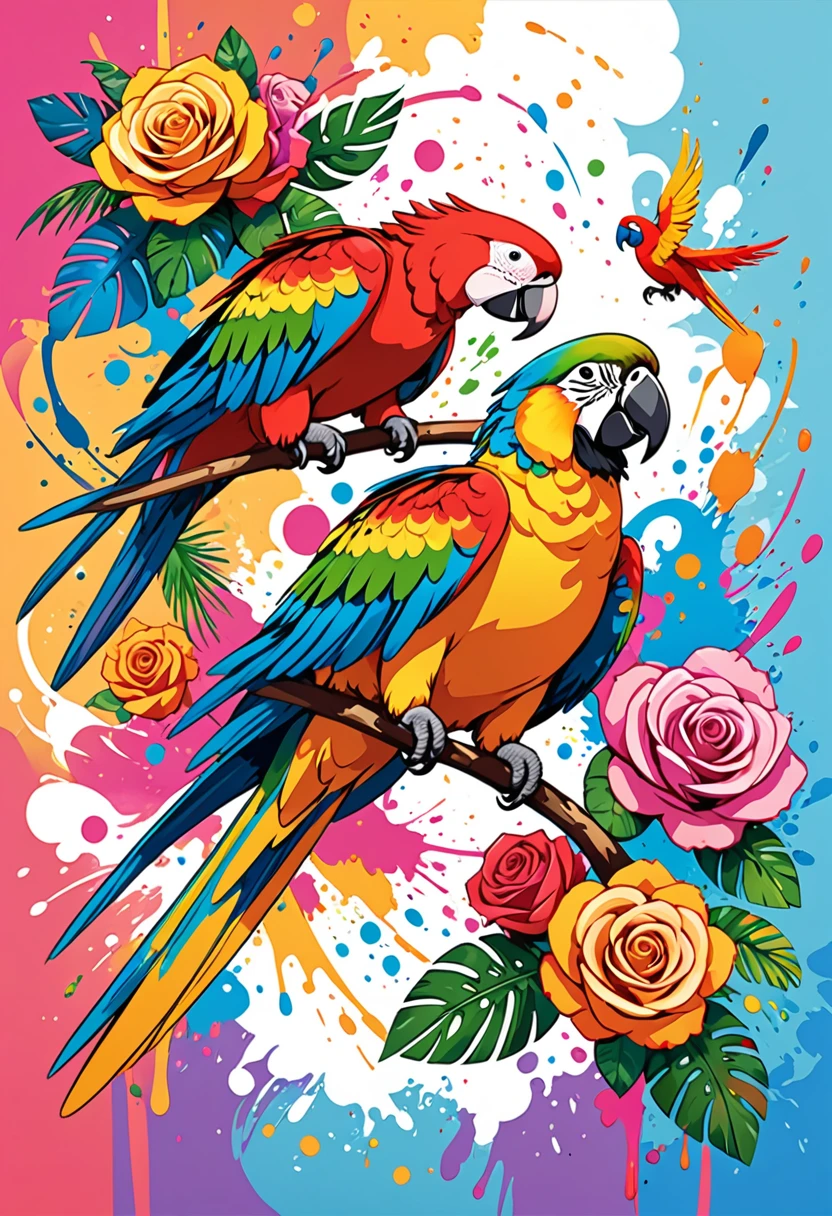 vectorial art, Colorful illustration with roses and parrots, At the center, swirly vibrant colors, paint splashes and smears, high détail, Hawaiian style background